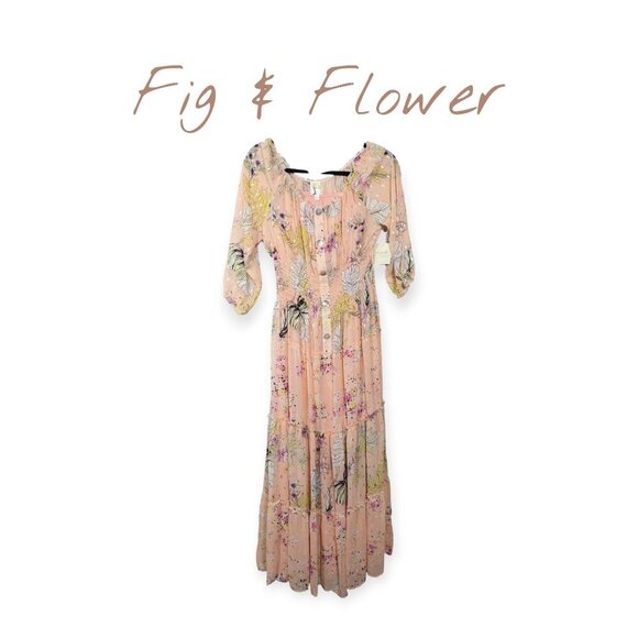 Floral Boho Maxi Dress By Fig & Flower  Smocked Waist Button-Down Puff Sleeves - Picture 1 of 11
